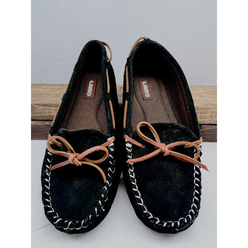 LAMO Sheepskin Black Sabrina Moccasin Slipper Shoes Size 7